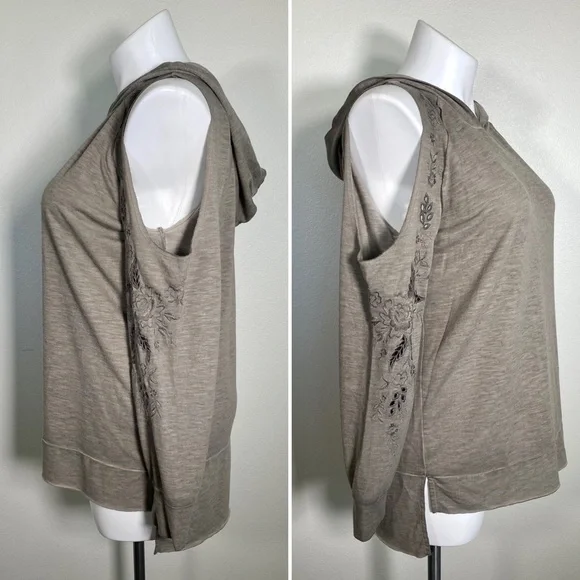 Knox Rose Floral embroidered Cut Out Cold Shoulder Hooded Sweatshirt Taupe XXL - Picture 3 of 9